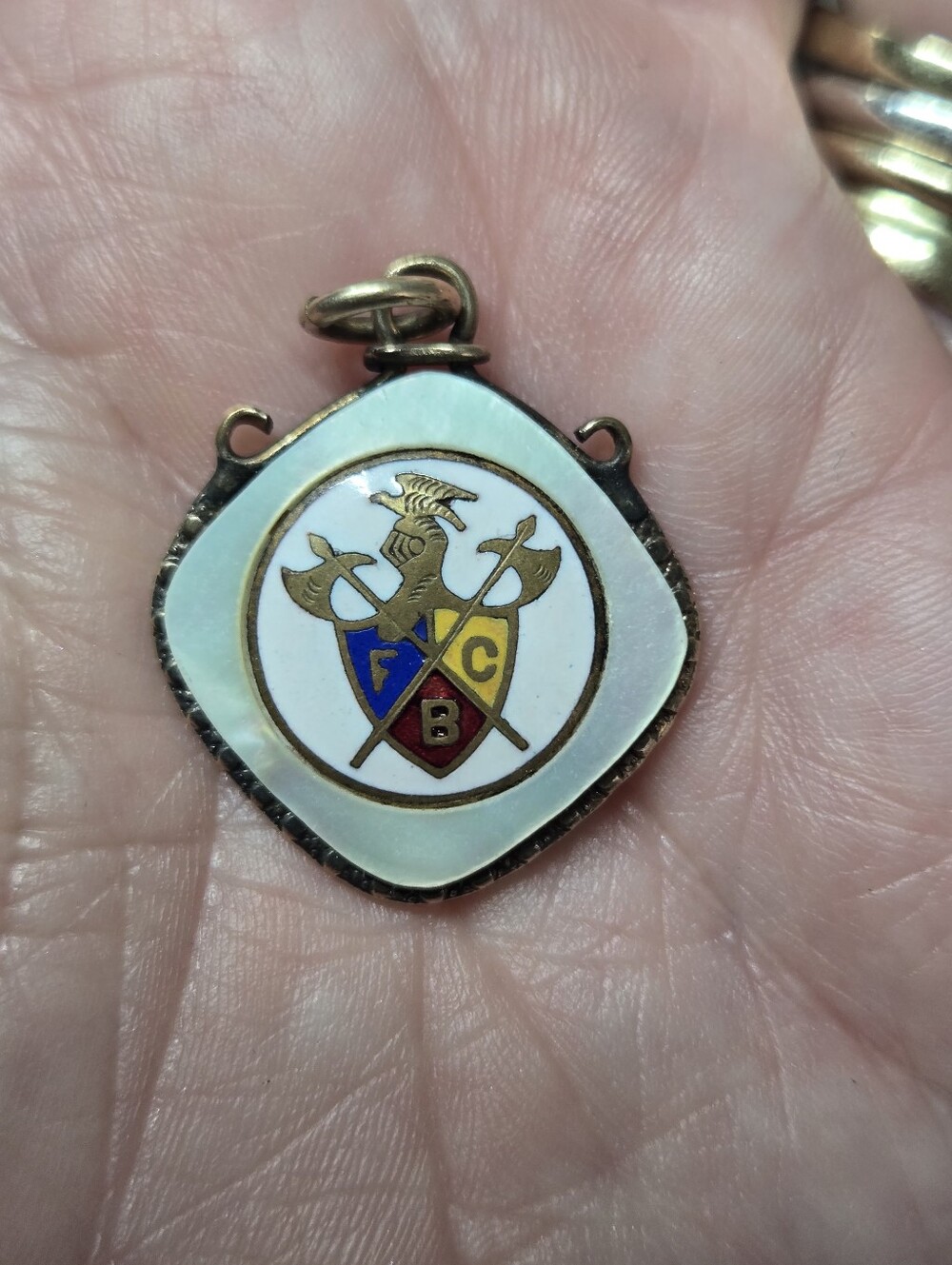 Vintage Gold Filled Enamel and Mother-of-Pearl Shield Pendant